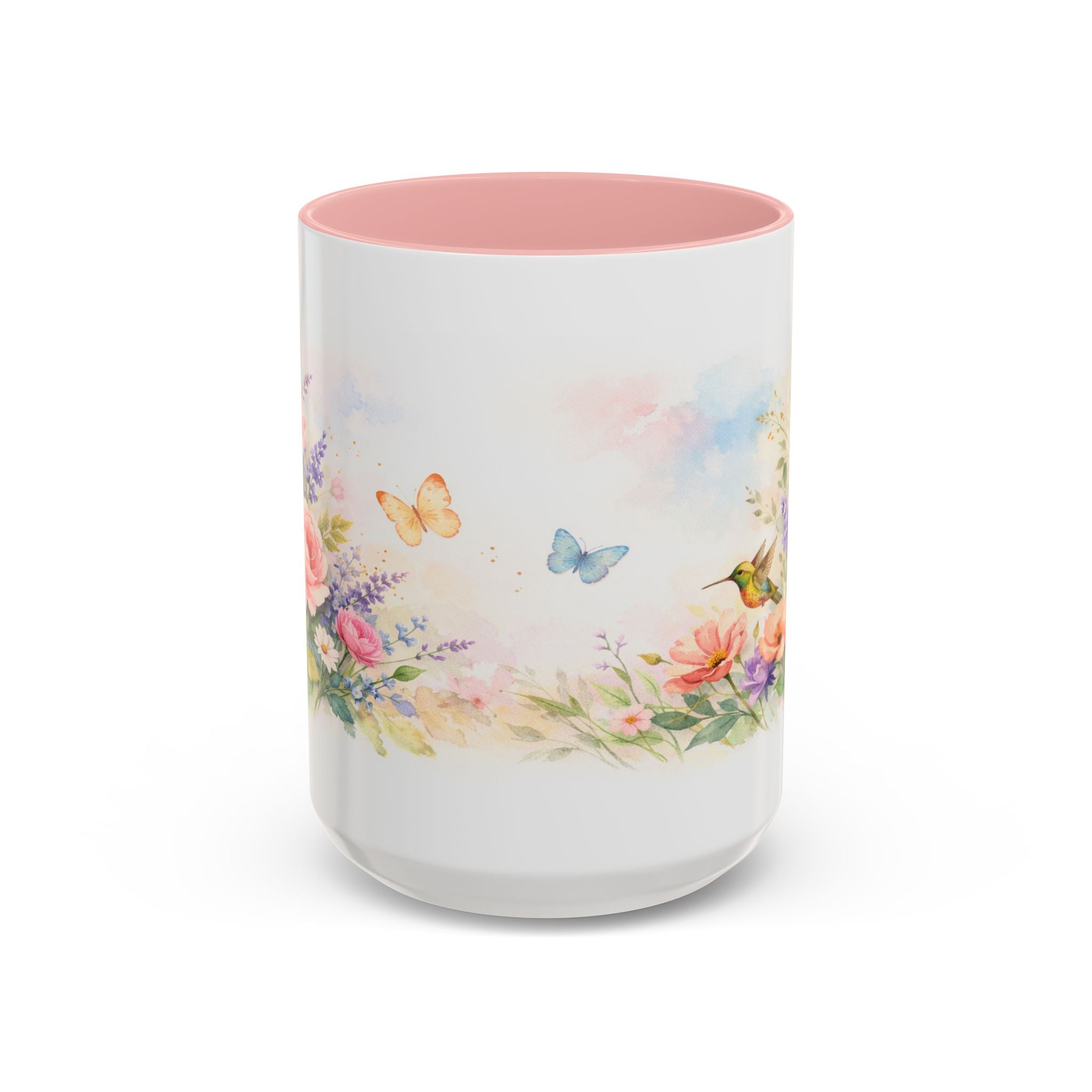 Floral Hummingbird Coffee Mug — Watercolor Art Mug, Butterfly & Garden Design (11/15oz)