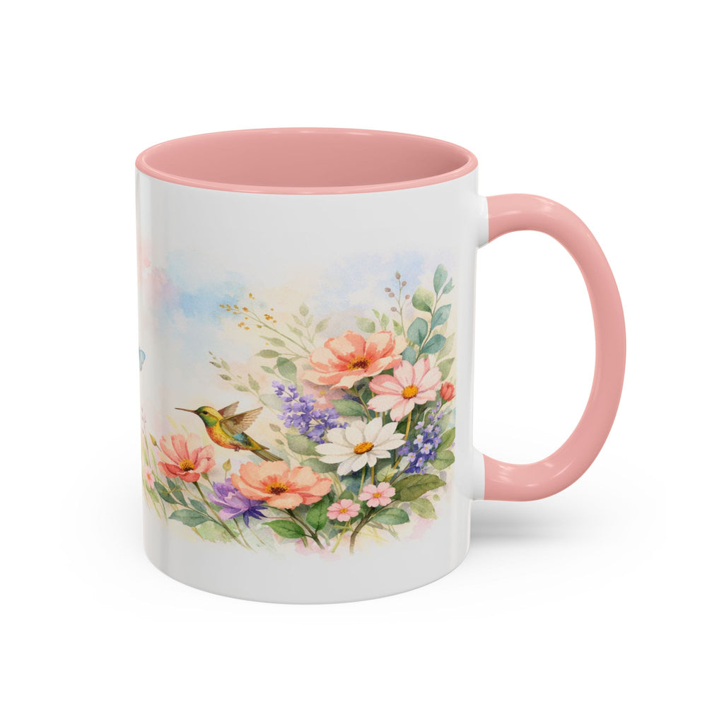 Floral Hummingbird Coffee Mug — Watercolor Butterflies & Garden Blossoms (11/15oz)