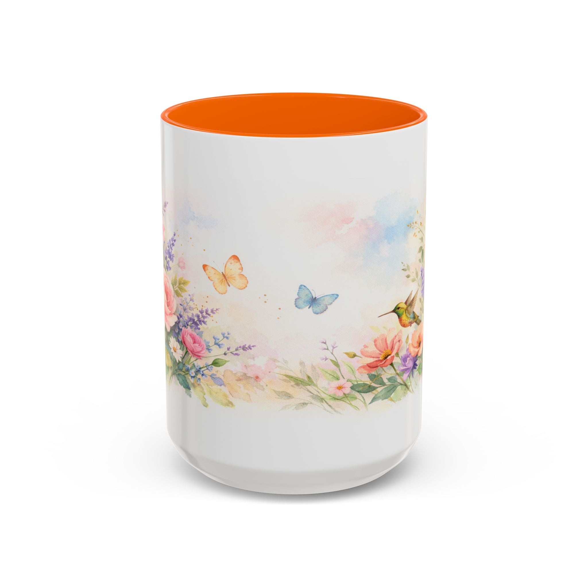 Floral Hummingbird Coffee Mug — Watercolor Art Mug, Butterfly & Garden Design (11/15oz)