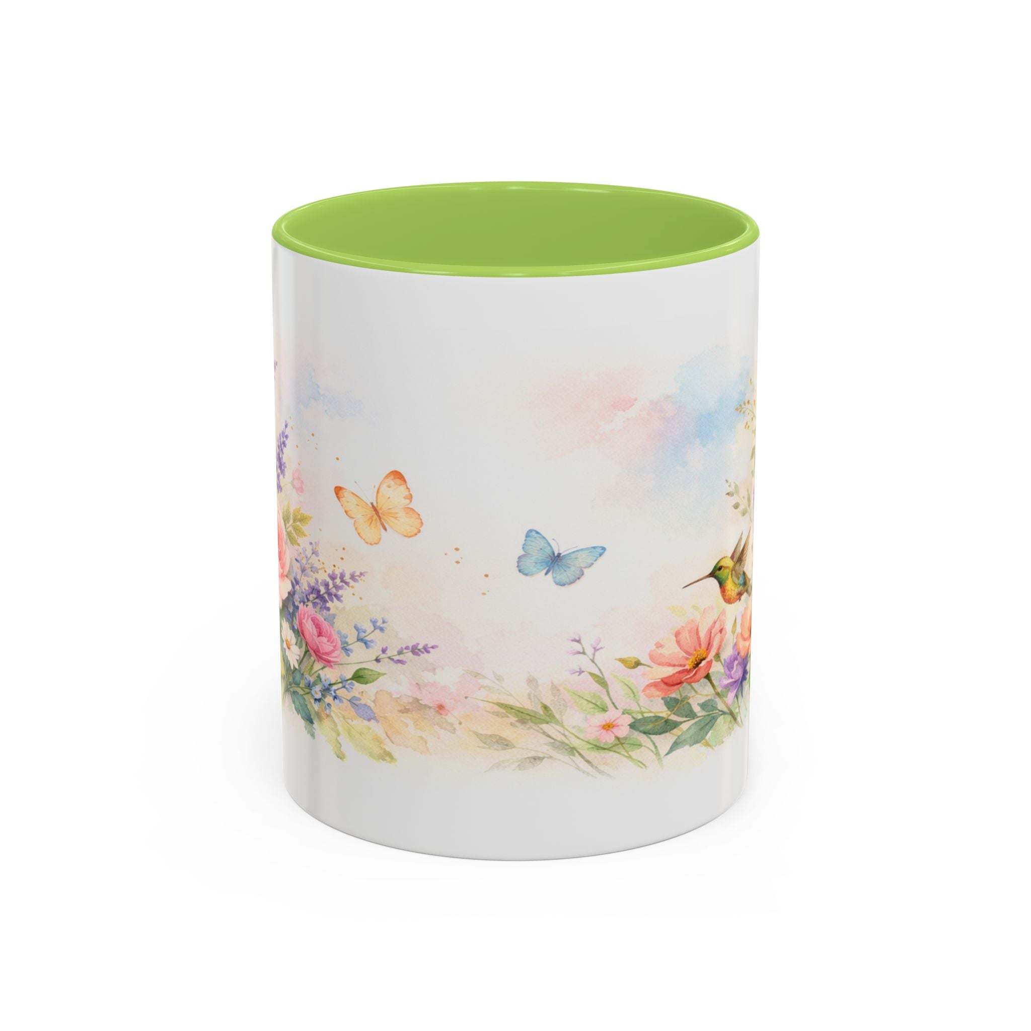 Floral Hummingbird Coffee Mug — Watercolor Art Mug, Butterfly & Garden Design (11/15oz)