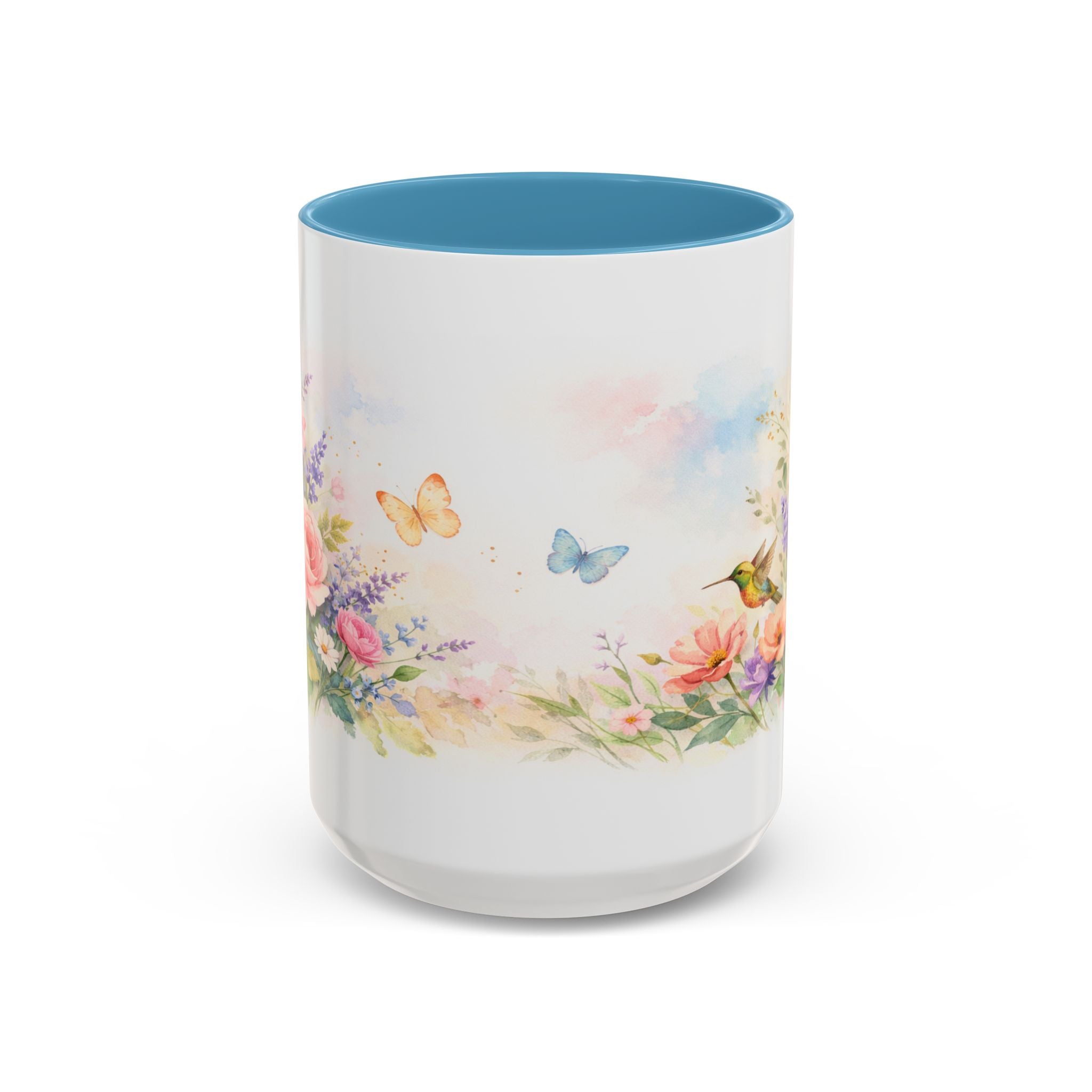 Floral Hummingbird Coffee Mug — Watercolor Art Mug, Butterfly & Garden Design (11/15oz)