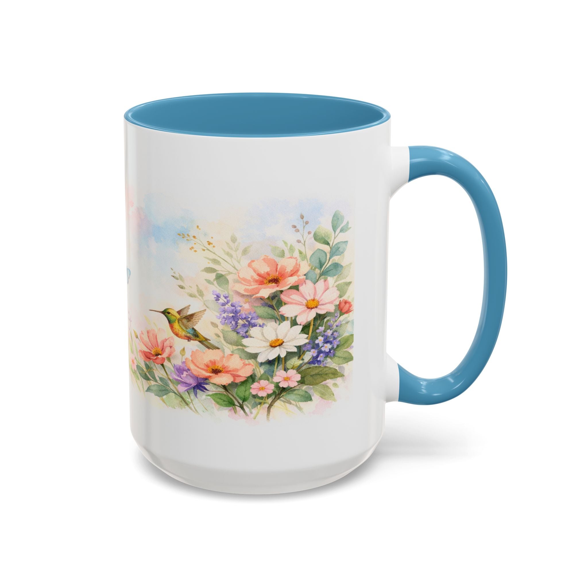 Floral Hummingbird Coffee Mug — Watercolor Butterflies & Garden Blossoms (11/15oz)