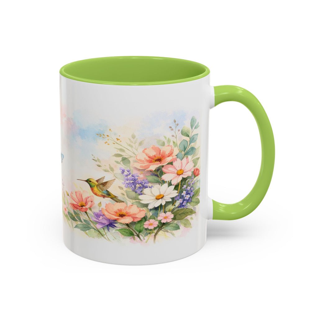 Floral Hummingbird Coffee Mug — Watercolor Butterflies & Garden Blossoms (11/15oz)