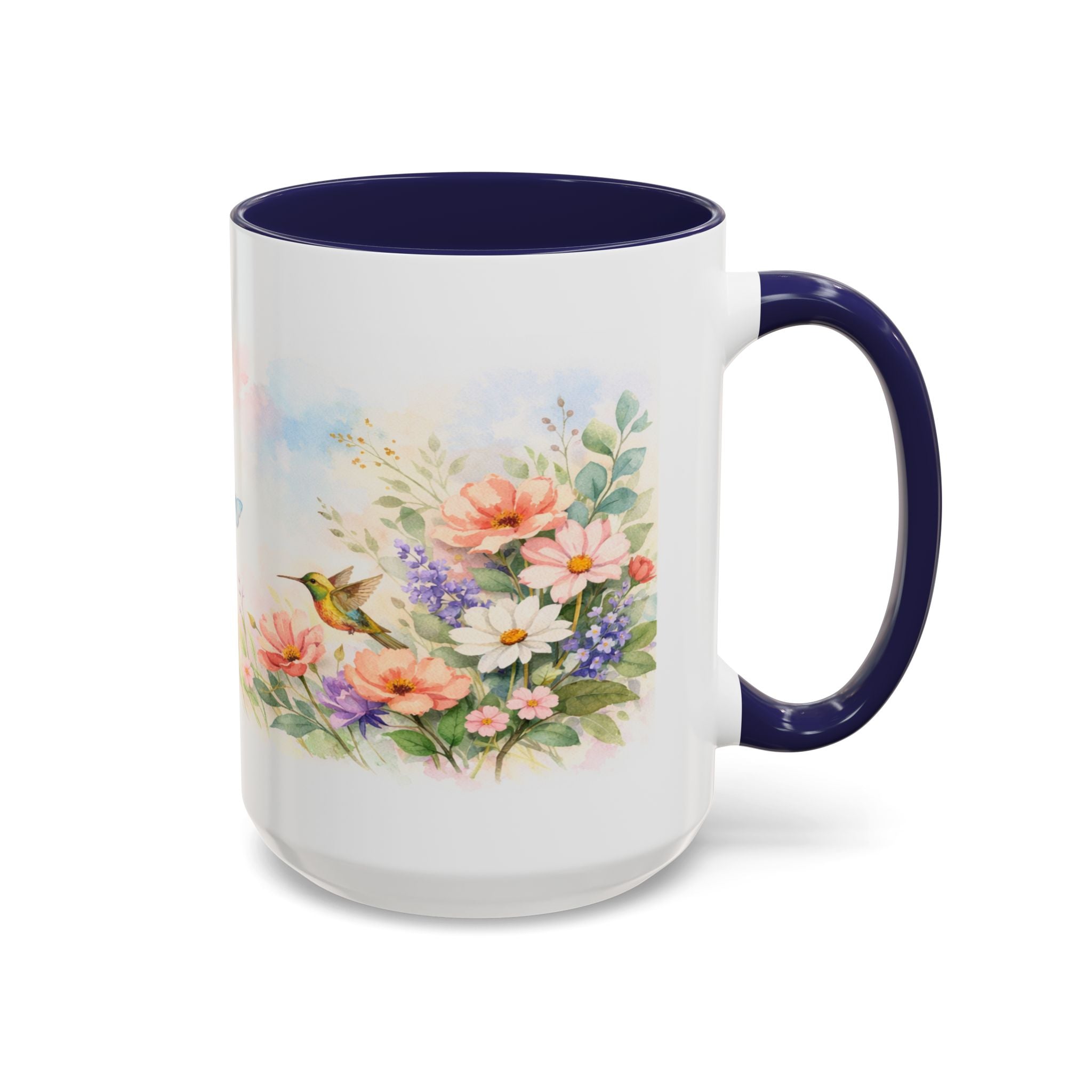 Floral Hummingbird Coffee Mug — Watercolor Butterflies & Garden Blossoms (11/15oz)