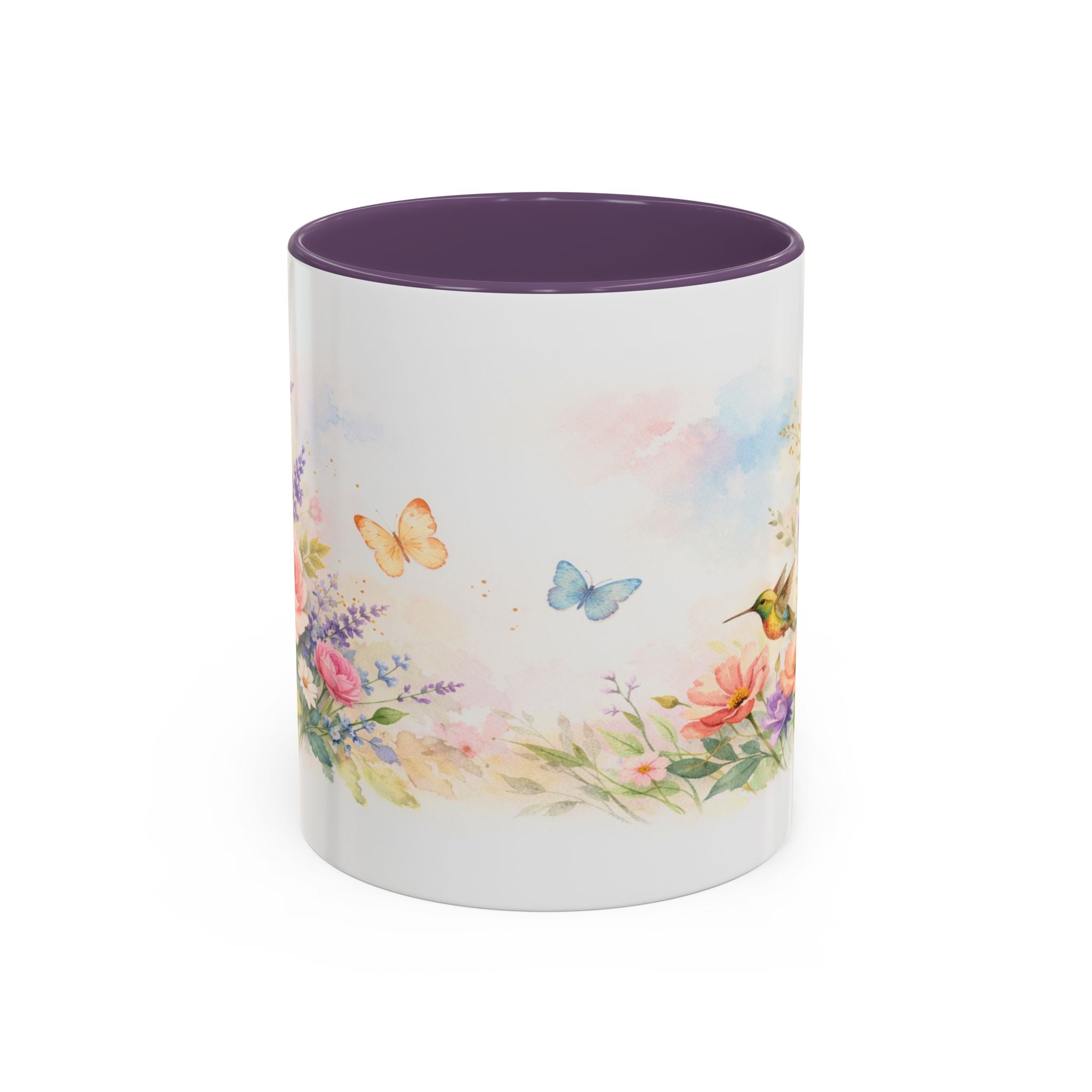 Floral Hummingbird Coffee Mug — Watercolor Art Mug, Butterfly & Garden Design (11/15oz)