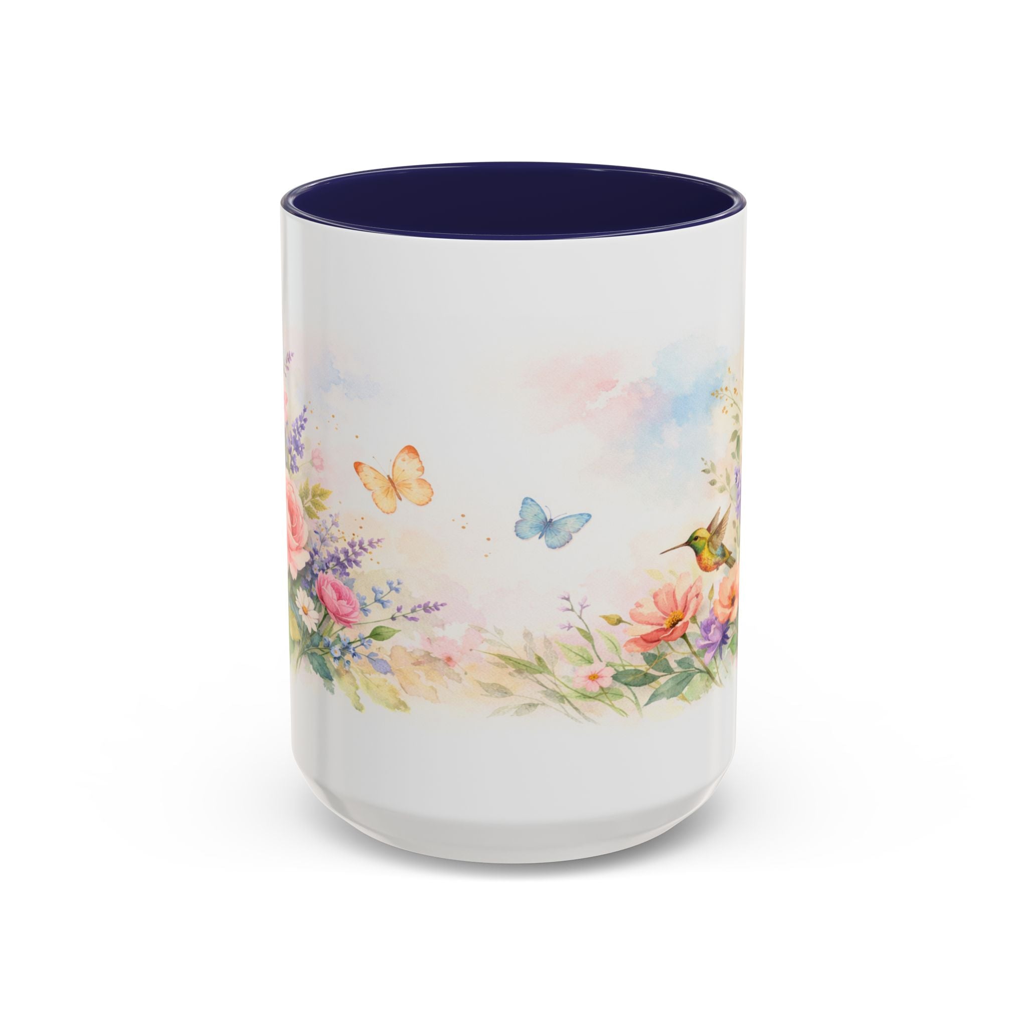 Floral Hummingbird Coffee Mug — Watercolor Art Mug, Butterfly & Garden Design (11/15oz)