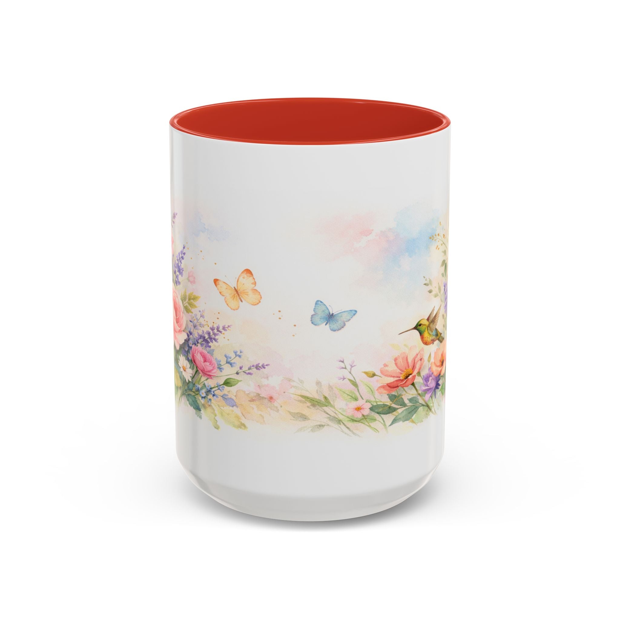 Floral Hummingbird Coffee Mug — Watercolor Art Mug, Butterfly & Garden Design (11/15oz)