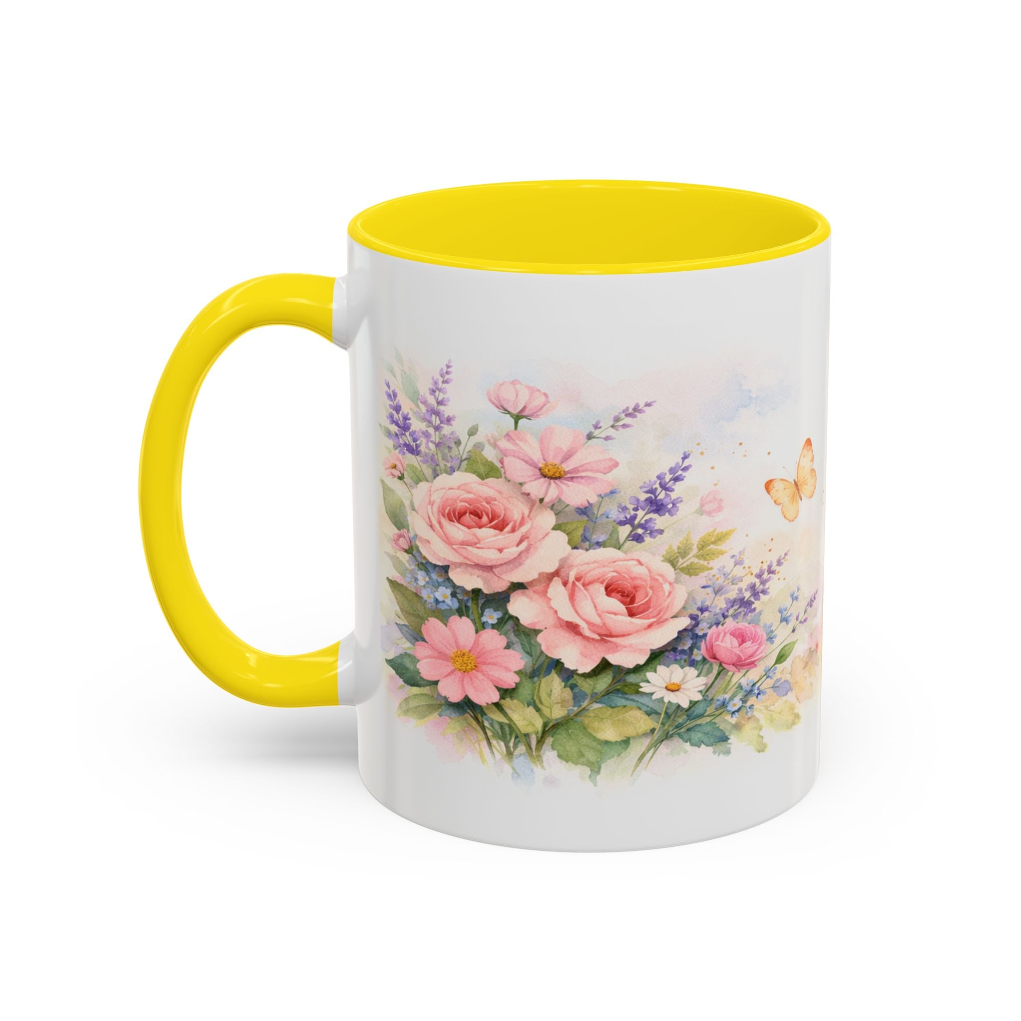 Floral Hummingbird Coffee Mug — Watercolor Butterflies & Garden Blossoms (11/15oz)