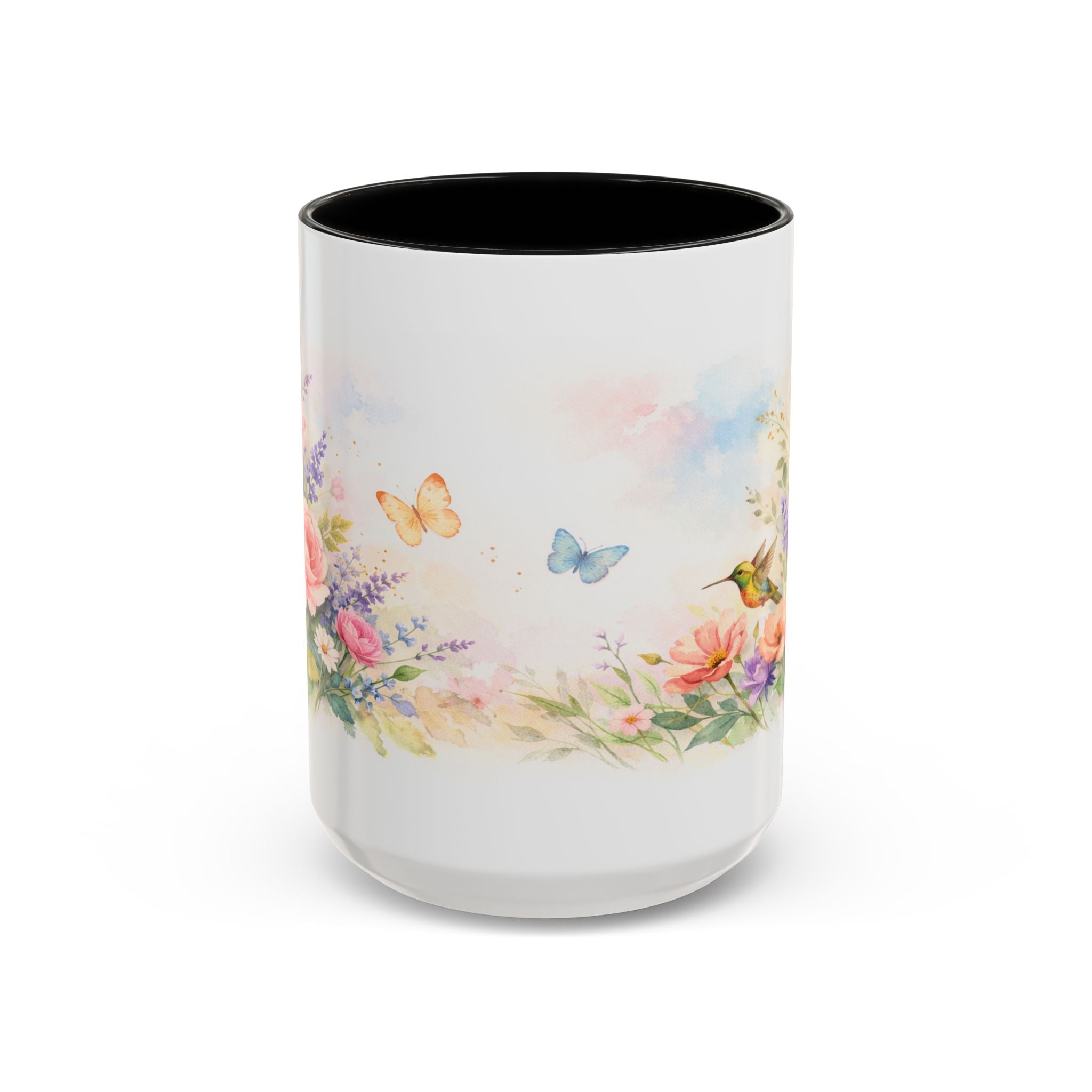 Floral Hummingbird Coffee Mug — Watercolor Art Mug, Butterfly & Garden Design (11/15oz)
