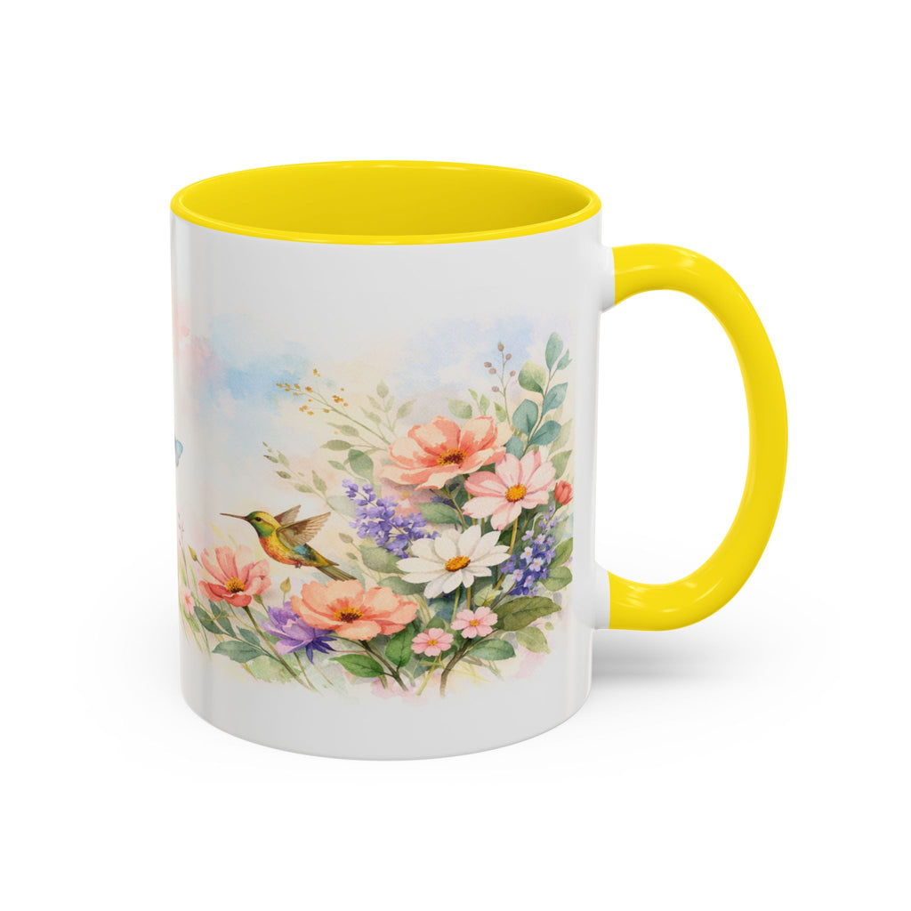 Floral Hummingbird Coffee Mug — Watercolor Butterflies & Garden Blossoms (11/15oz)