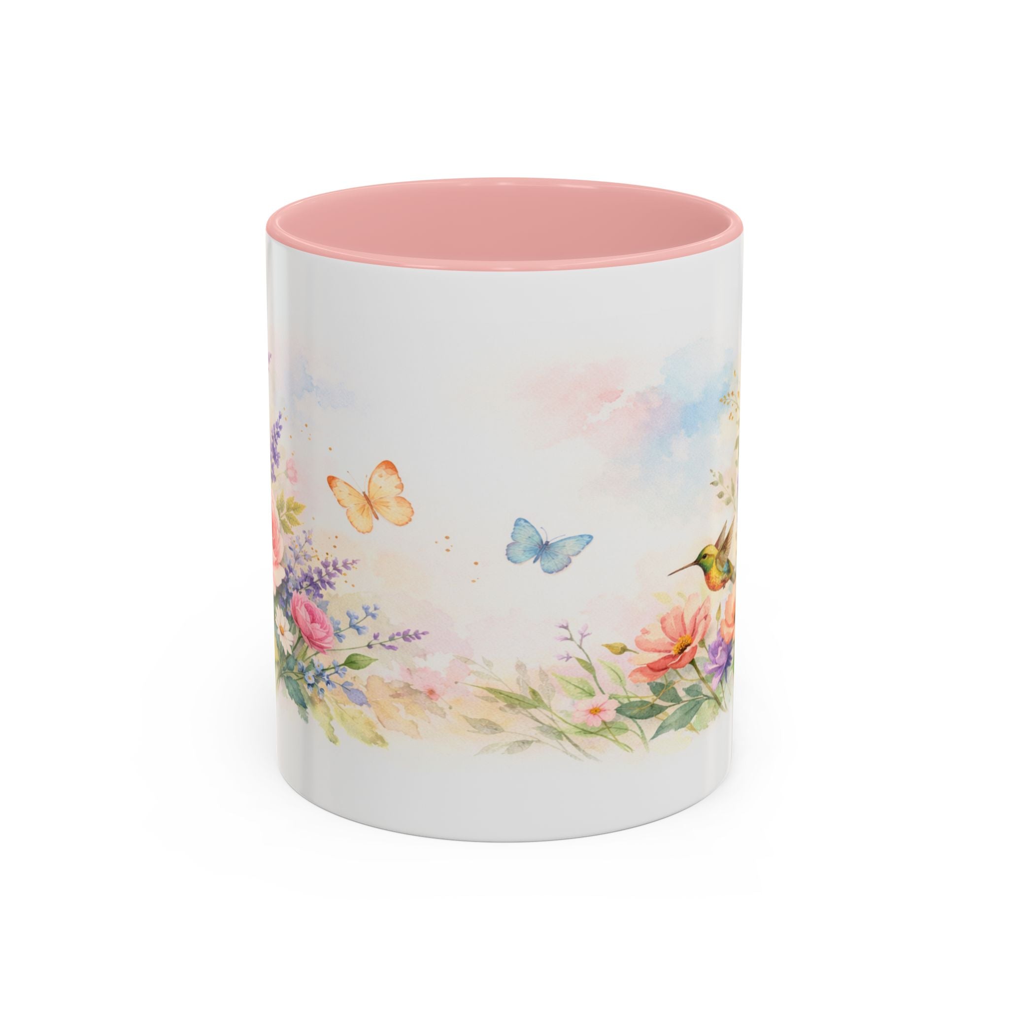 Floral Hummingbird Coffee Mug — Watercolor Art Mug, Butterfly & Garden Design (11/15oz)