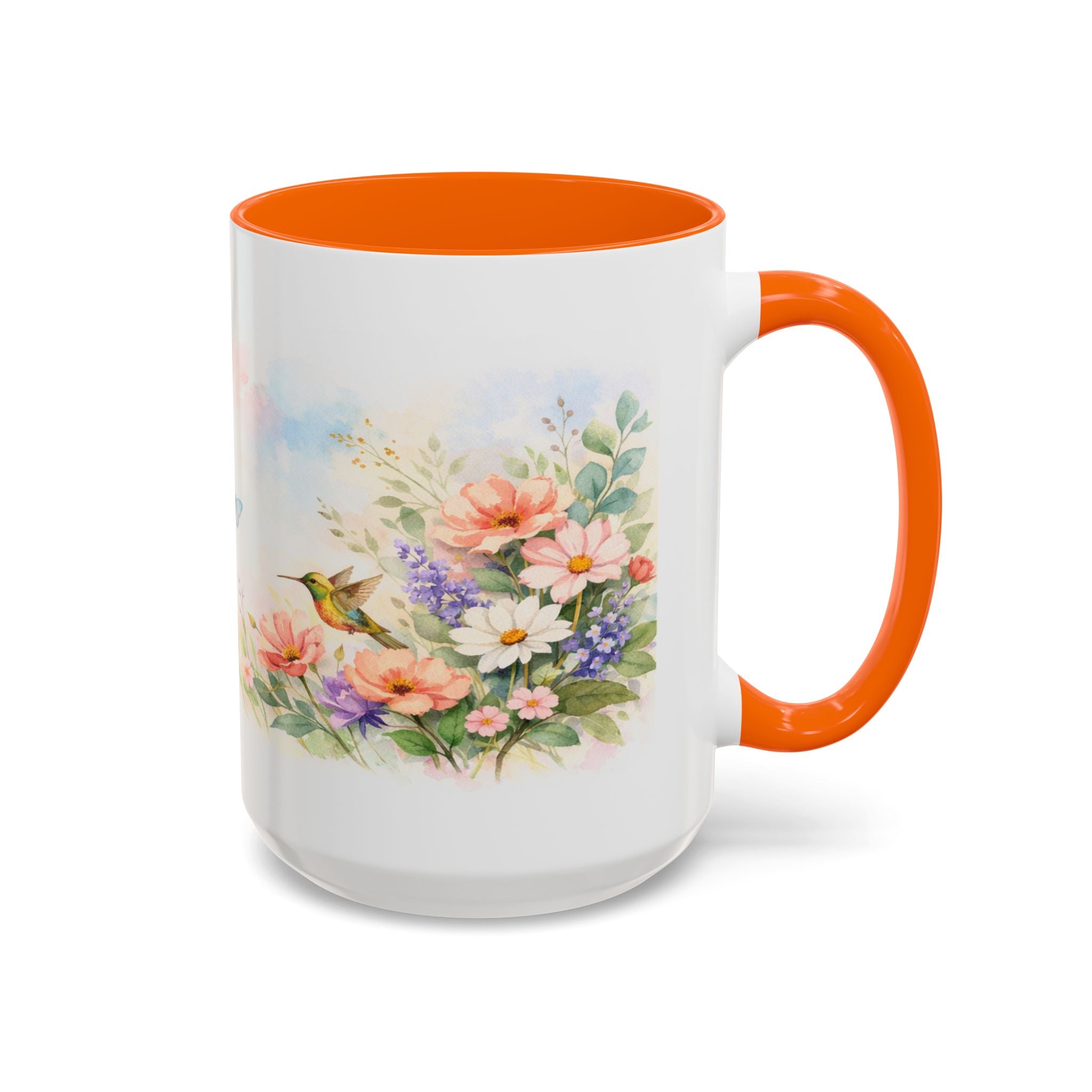 Floral Hummingbird Coffee Mug — Watercolor Butterflies & Garden Blossoms (11/15oz)