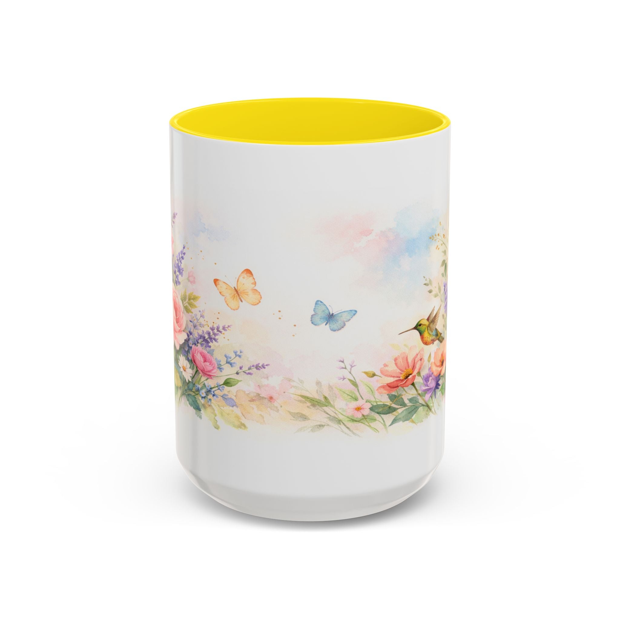Floral Hummingbird Coffee Mug — Watercolor Art Mug, Butterfly & Garden Design (11/15oz)