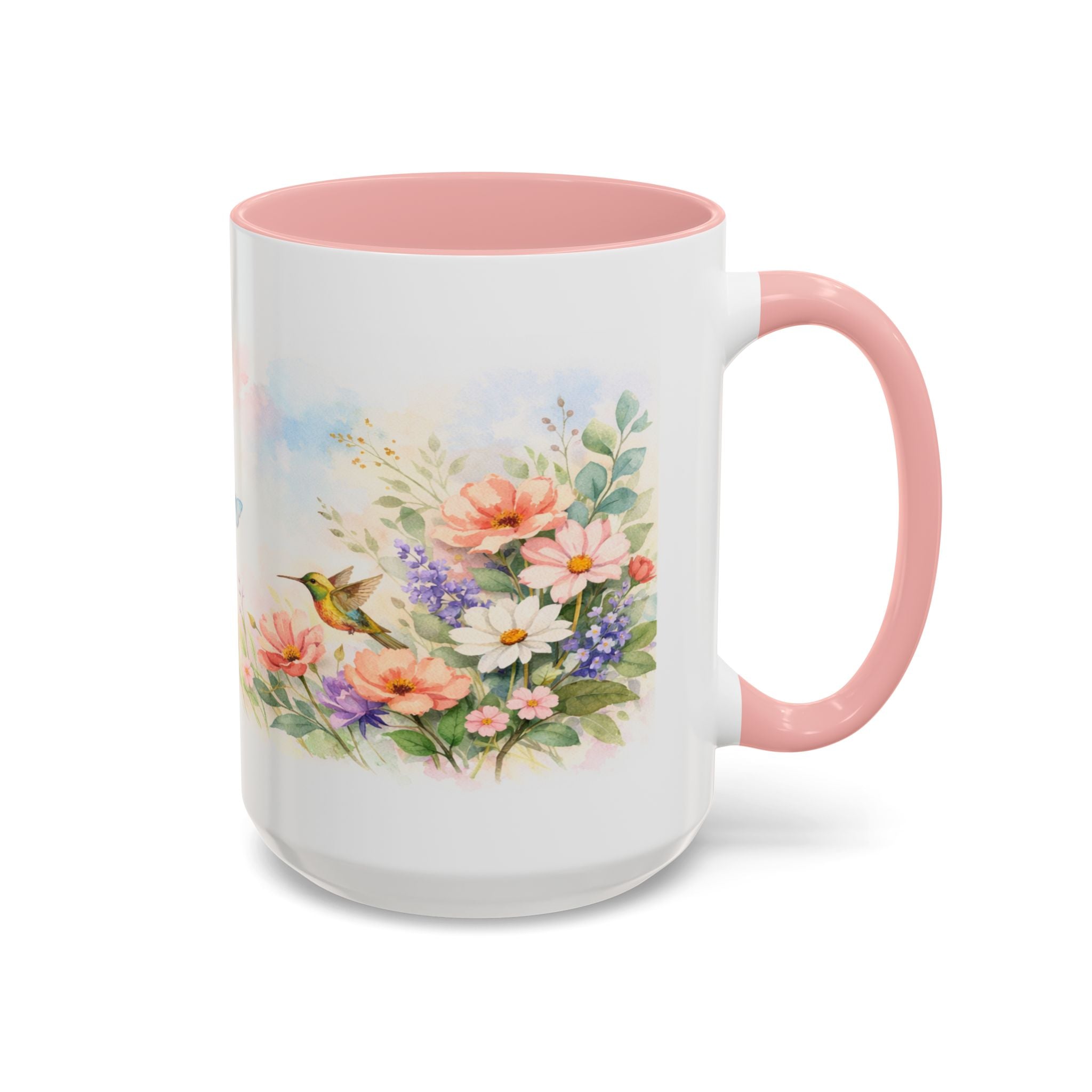 Floral Hummingbird Coffee Mug — Watercolor Butterflies & Garden Blossoms (11/15oz)