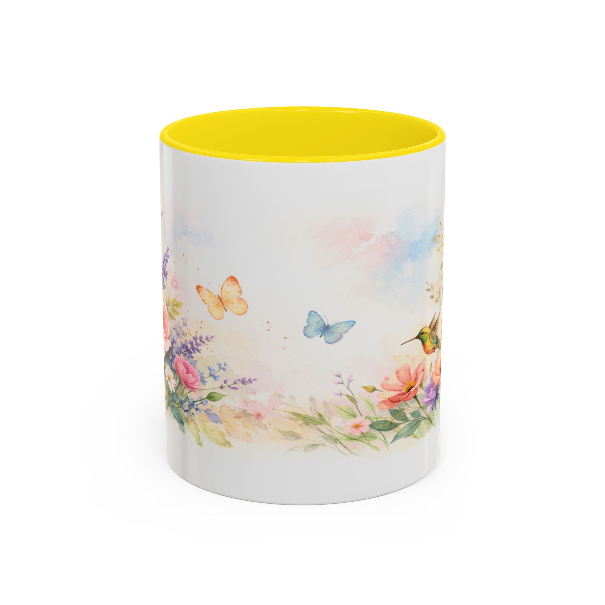 Floral Hummingbird Coffee Mug — Watercolor Art Mug, Butterfly & Garden Design (11/15oz)
