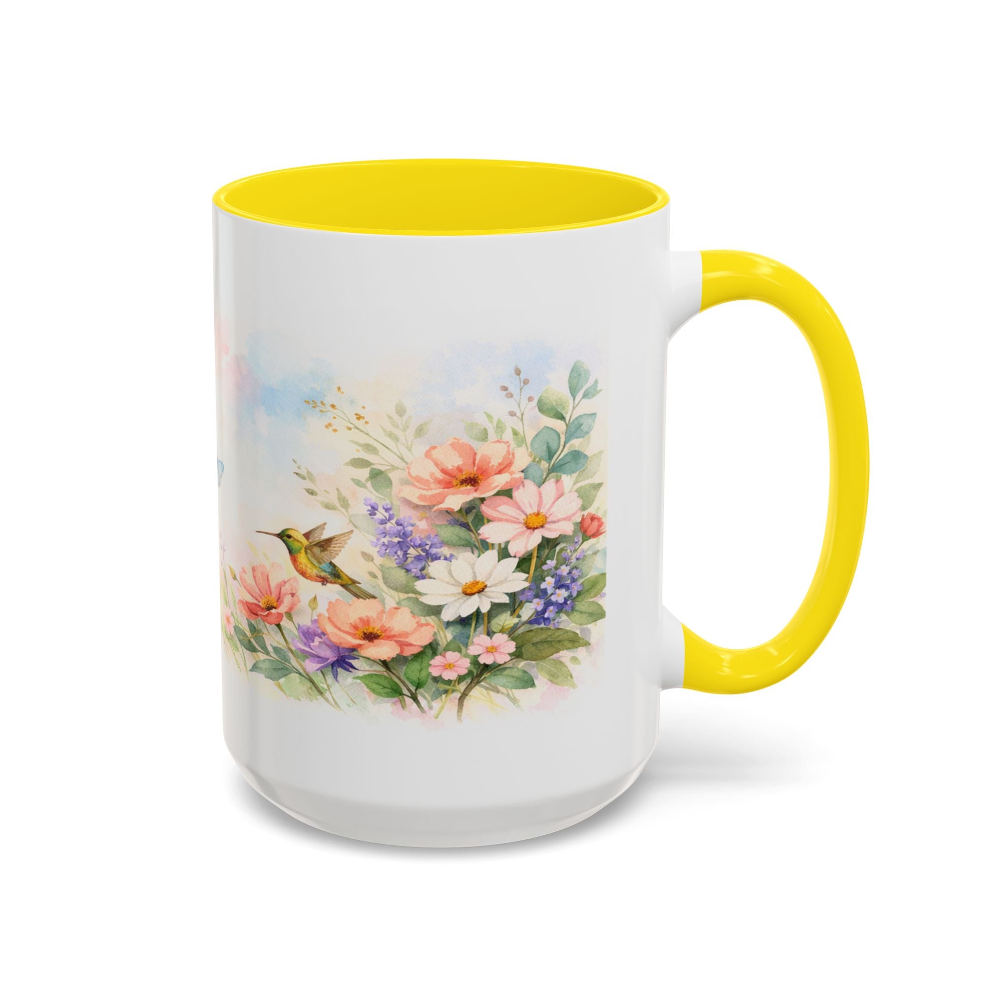 Floral Hummingbird Coffee Mug — Watercolor Butterflies & Garden Blossoms (11/15oz)